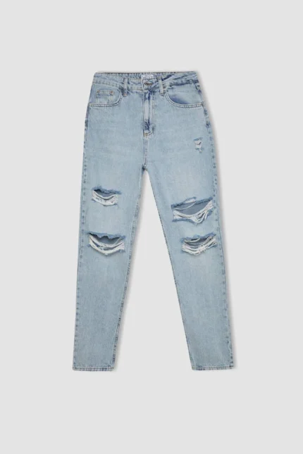 Fit Yırtık Detaylı Yüksek Bel Bilek Boy Jean Yıkamalı Pantolon