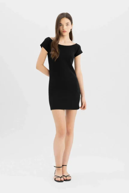 Bodycon Kayık Yaka Fitilli Kaşkorse Kısa Kollu Mini Elbise