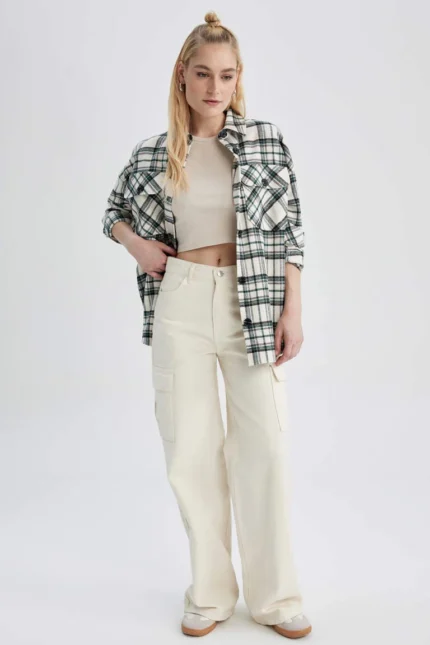 Oversize Fit Gömlek Yaka Flanel Uzun Kollu Tunik