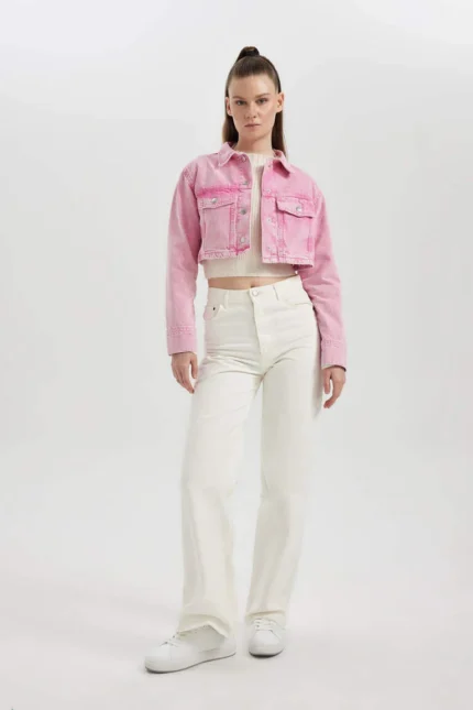 Oversize Fit Crop Pembe Gabardin Gömlek Ceket