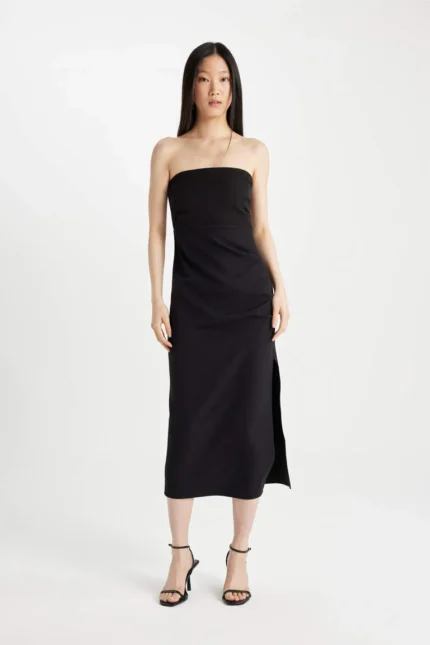 Bodycon Straplez Siyah Midi Elbise